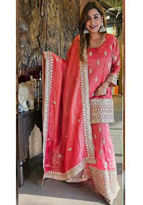 Peach Embroidered Silk Kurta Set