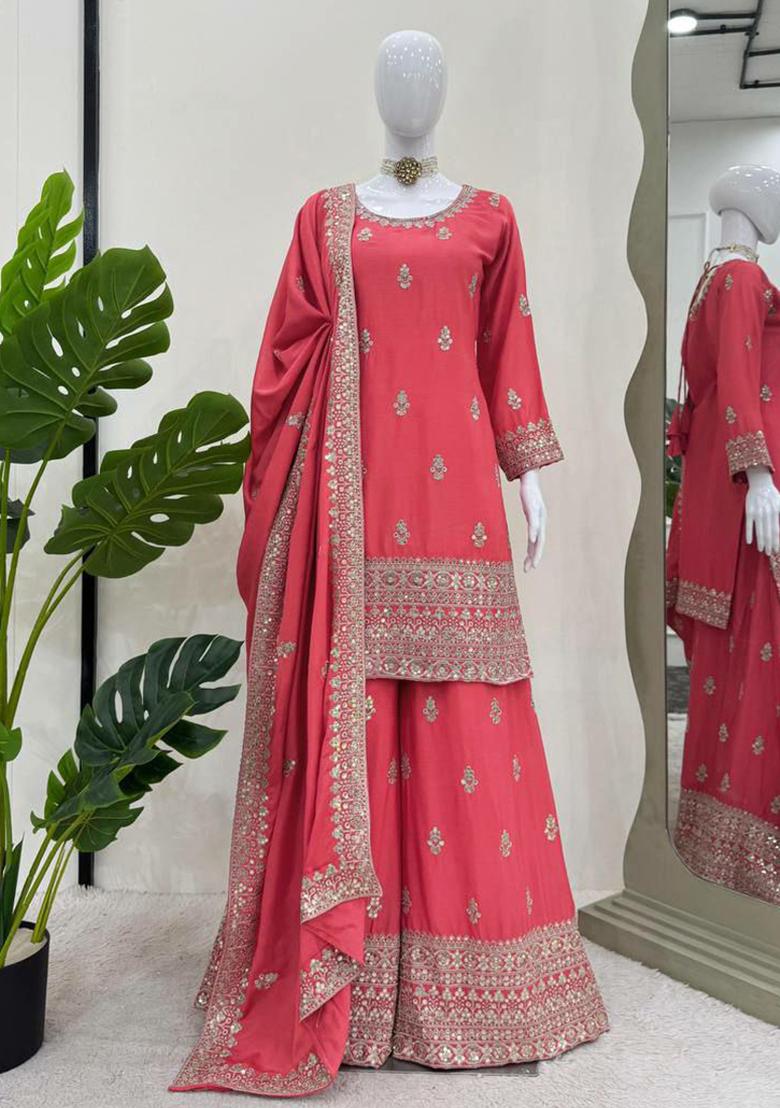 Peach Embroidered Silk Kurta Set