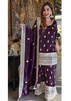 Violet Embroidered Silk Kurta Set