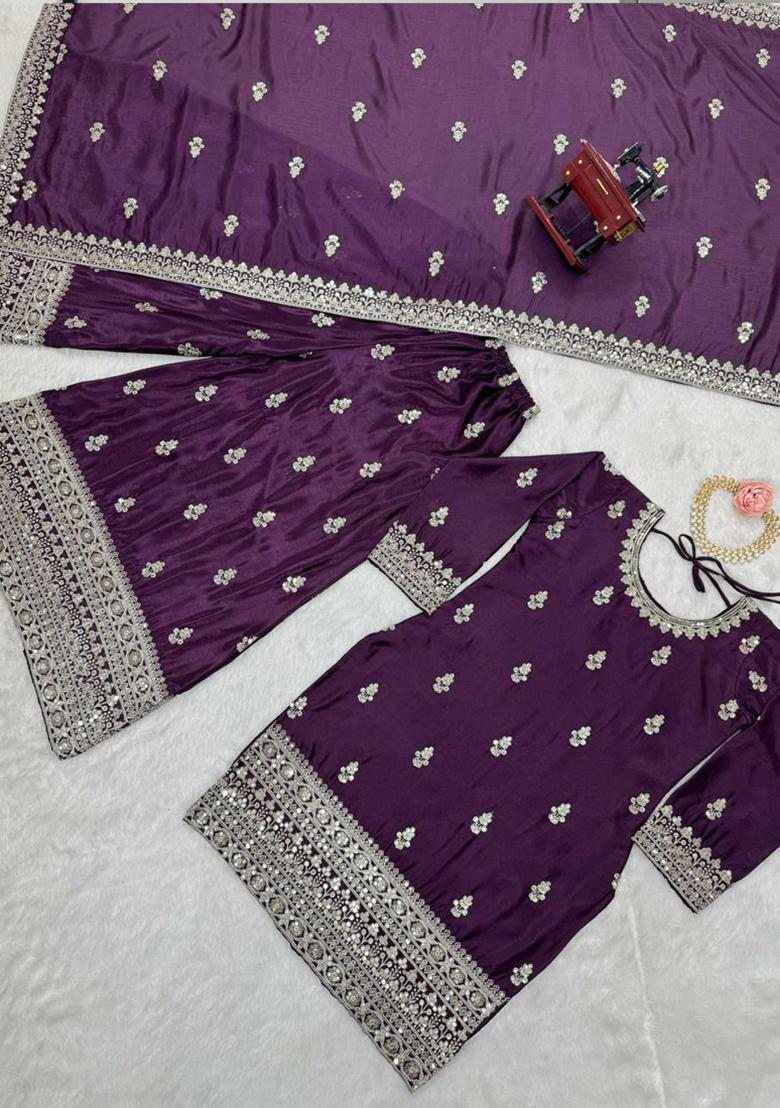 Violet Embroidered Silk Kurta Set