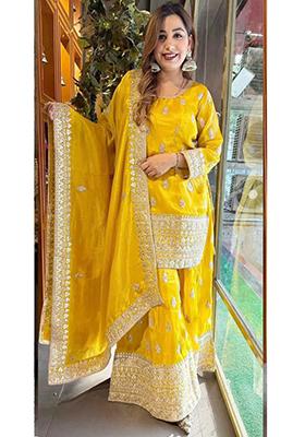 Yellow Embroidered Silk Kurta Set