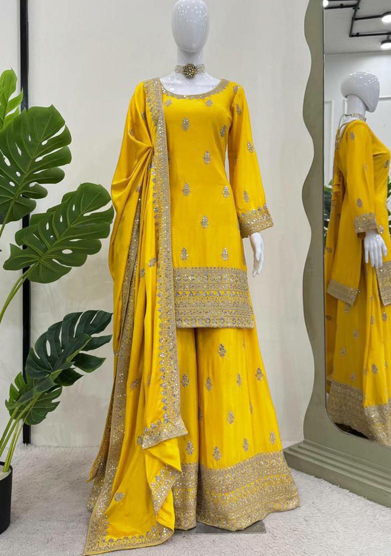 Yellow Embroidered Silk Kurta Set