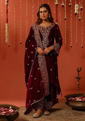 Maroon Embroidered velvet Kurta Set