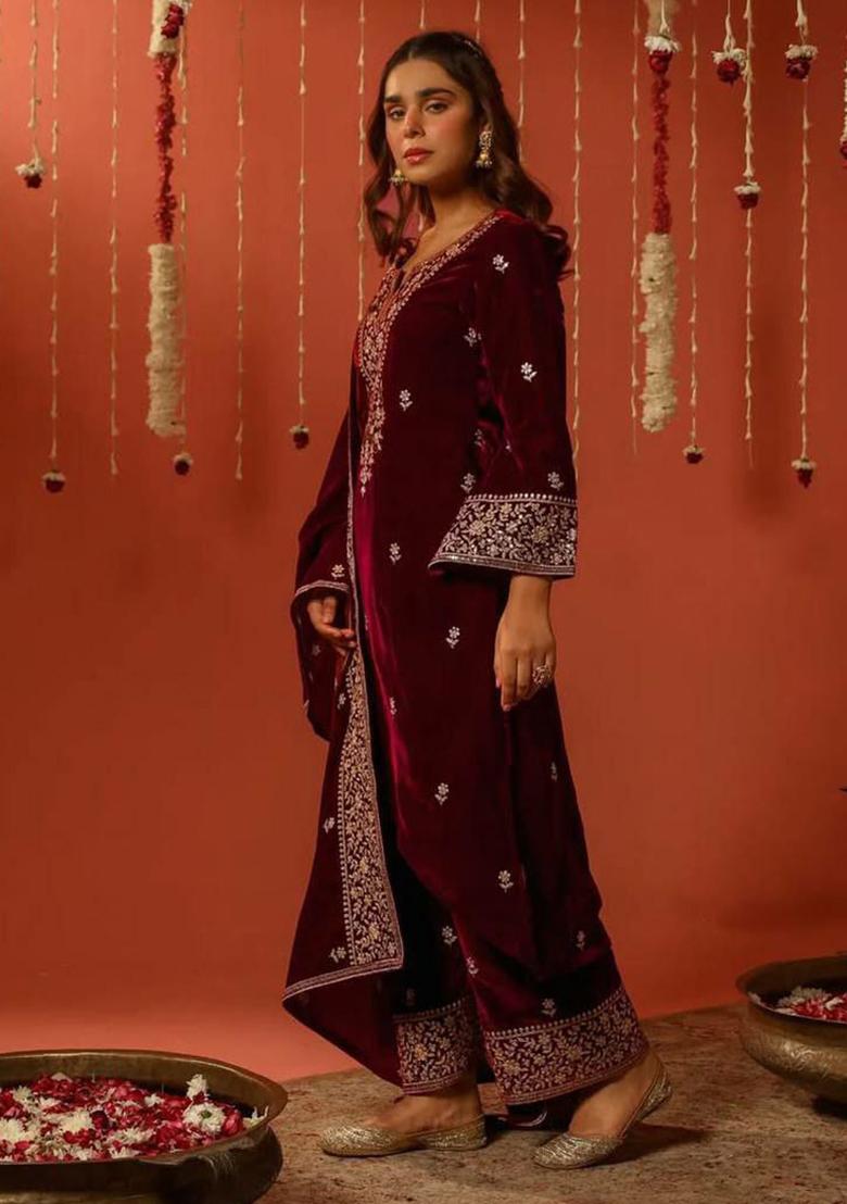 Maroon Embroidered velvet Kurta Set