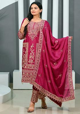 Pink Sequins Embroidered Silk Kurta Set