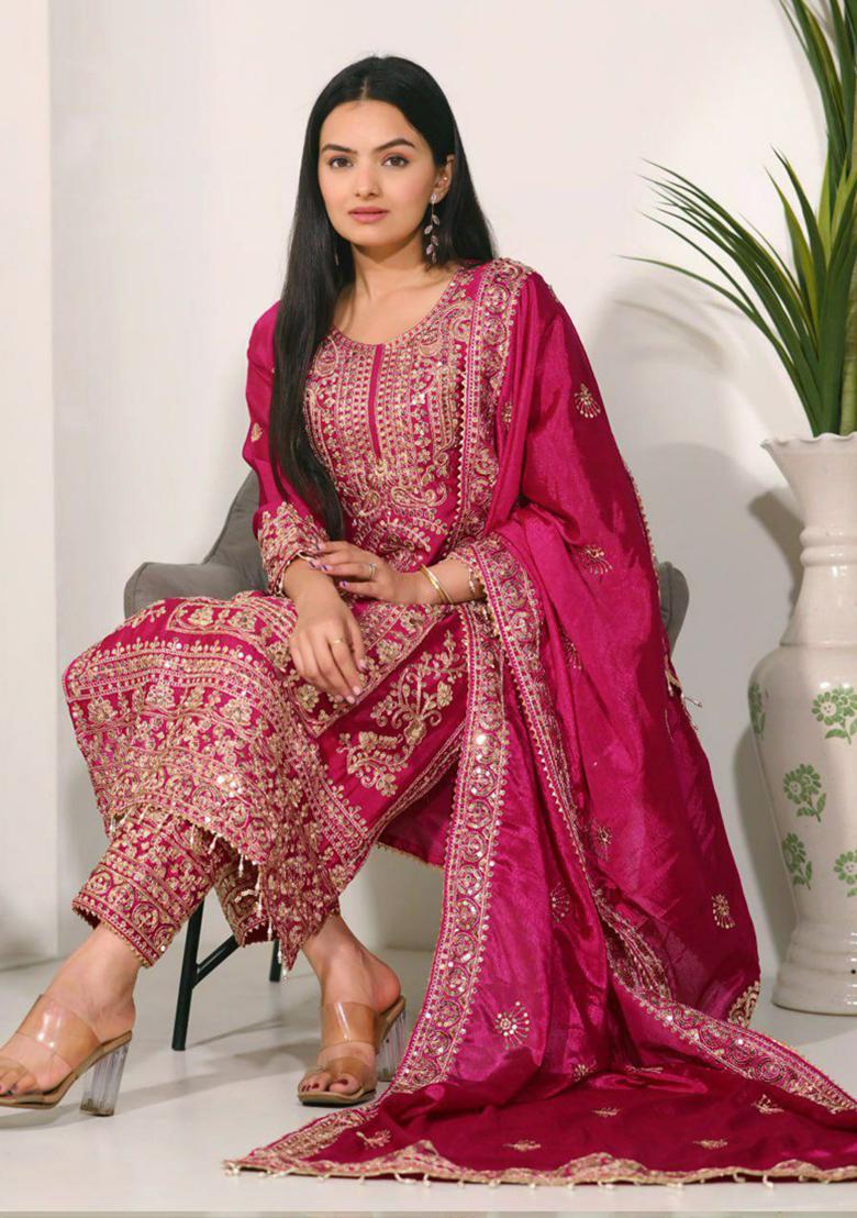 Pink Sequins Embroidered Silk Kurta Set