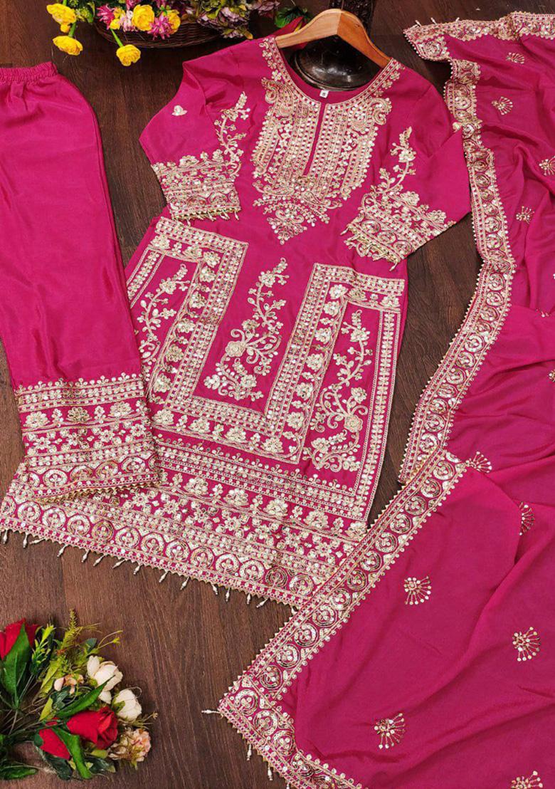 Pink Sequins Embroidered Silk Kurta Set