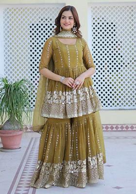 Mehandi Sequins Embroidered Georgette Kurta Set