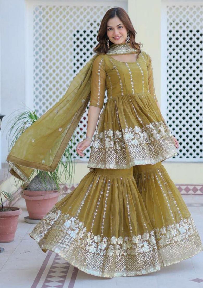 Mehandi Sequins Embroidered Georgette Kurta Set