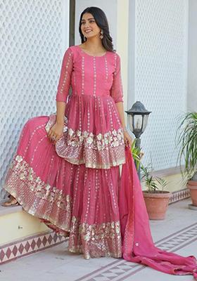 Pink Sequins Embroidered Georgette Kurta Set