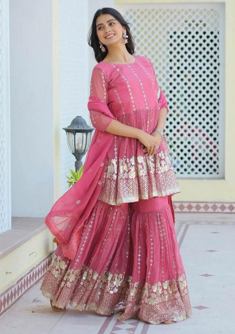 Pink Sequins Embroidered Georgette Kurta Set