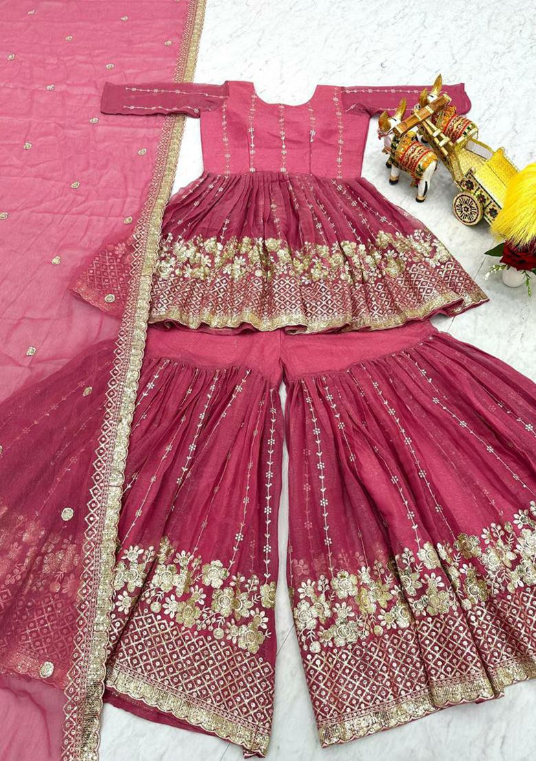 Pink Sequins Embroidered Georgette Kurta Set