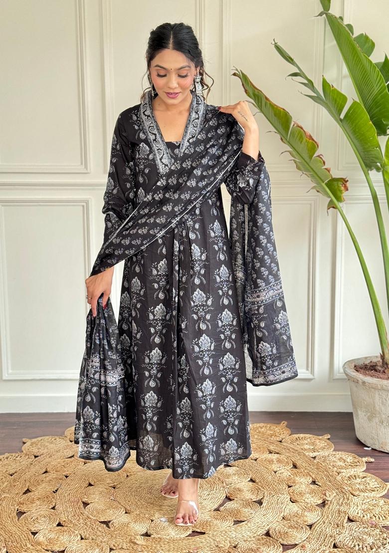 Black Printed Pure Cotton Kurta Set