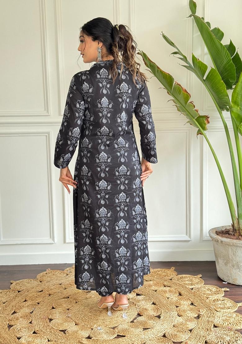 Black Printed Pure Cotton Kurta Set