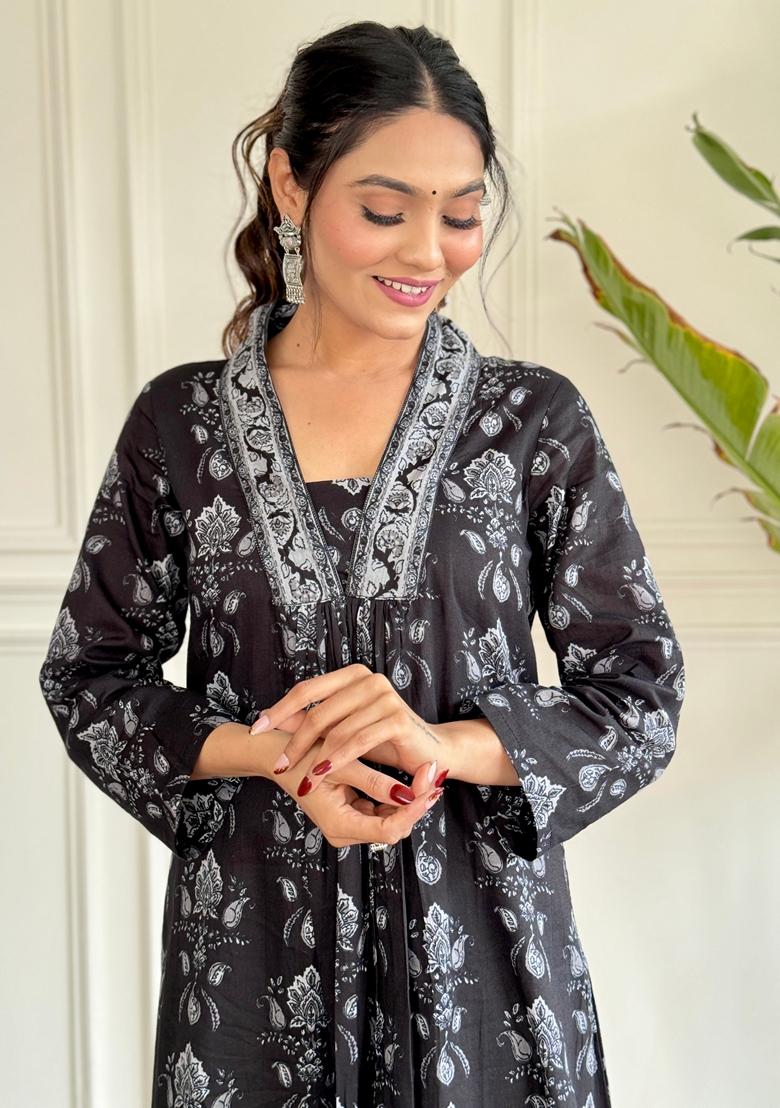 Black Printed Pure Cotton Kurta Set With Dupatta
