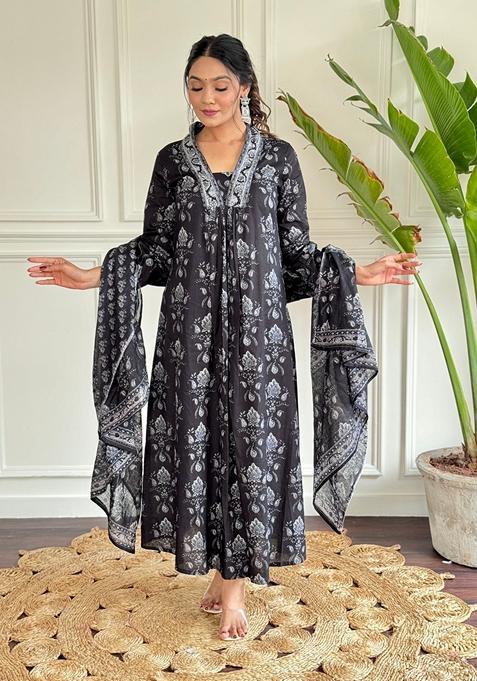 Black Printed Pure Cotton Kurta Set With Dupatta