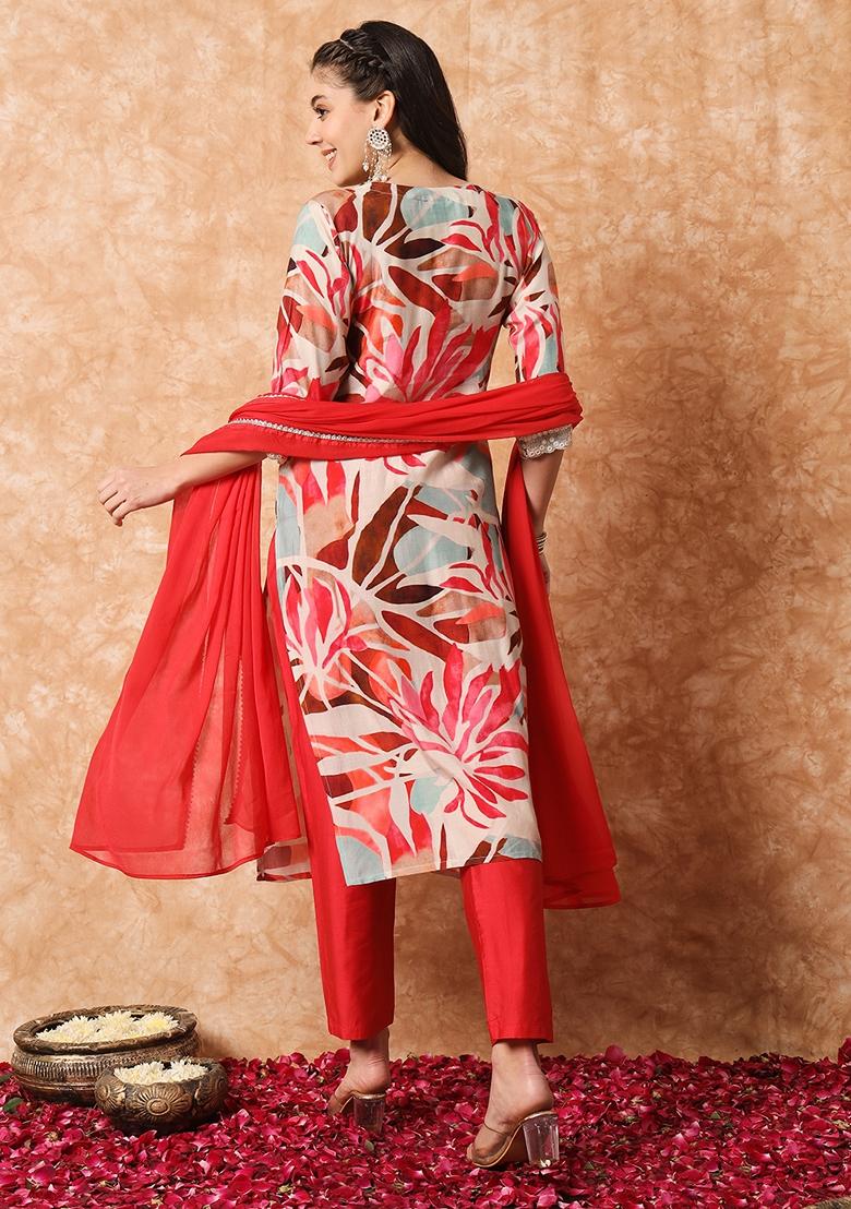 Red Printed Rayon Kurta Set