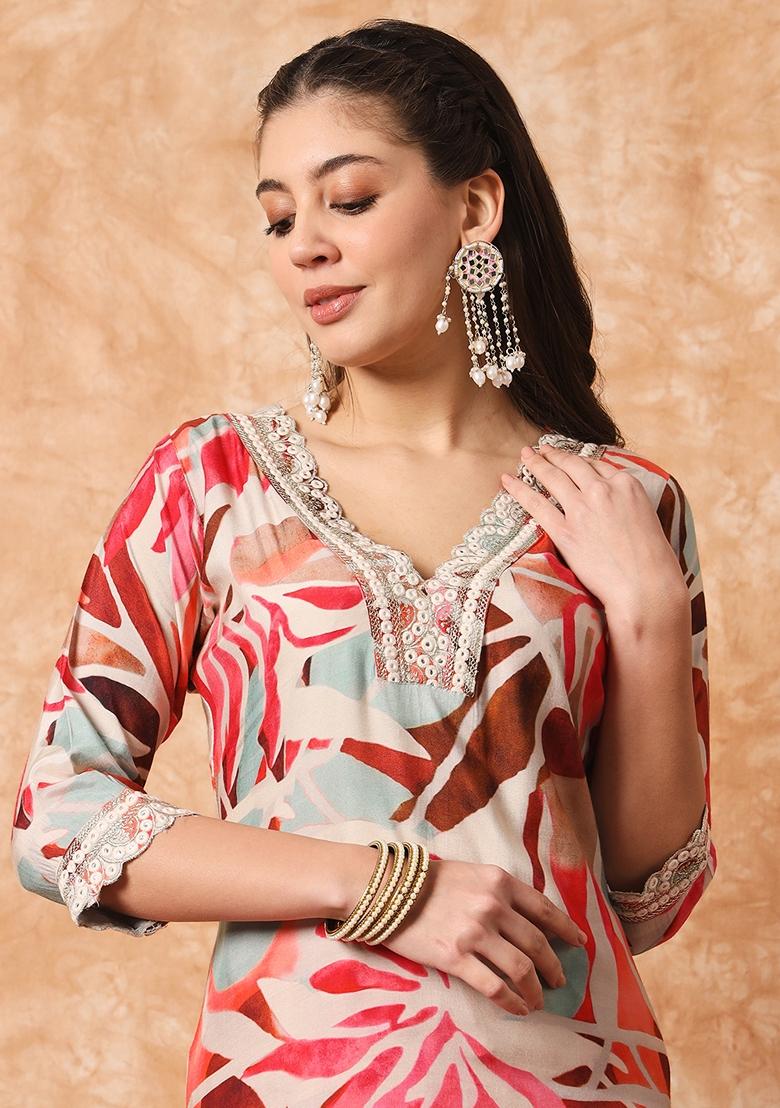 Red Printed Rayon Kurta Set