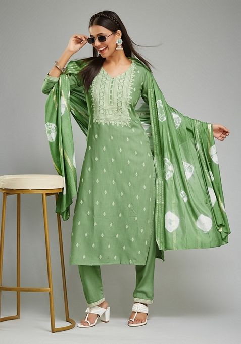 Green Printed Rayon Kurta Set