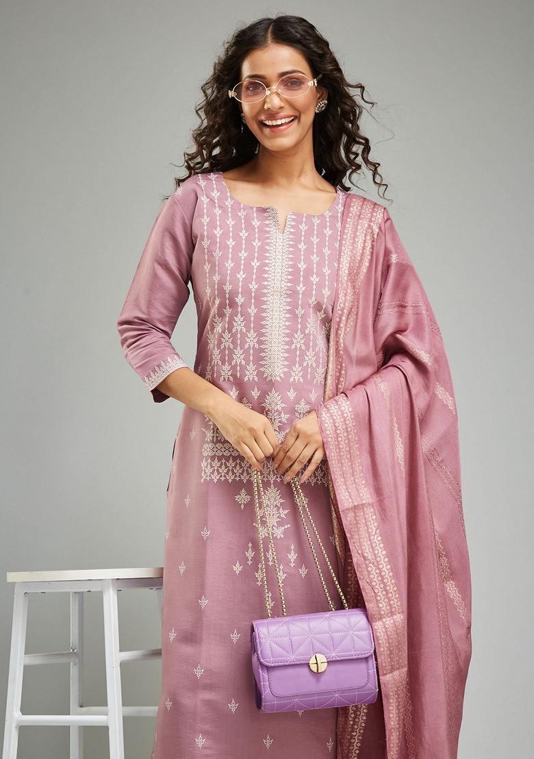 Onion Pink Printed Chanderi Viscose Kurta Set