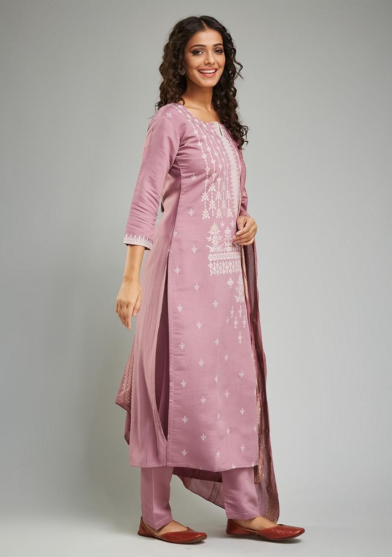 Onion Pink Printed Chanderi Viscose Kurta Set