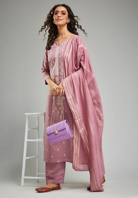 Onion Pink Printed Chanderi Viscose Kurta Set