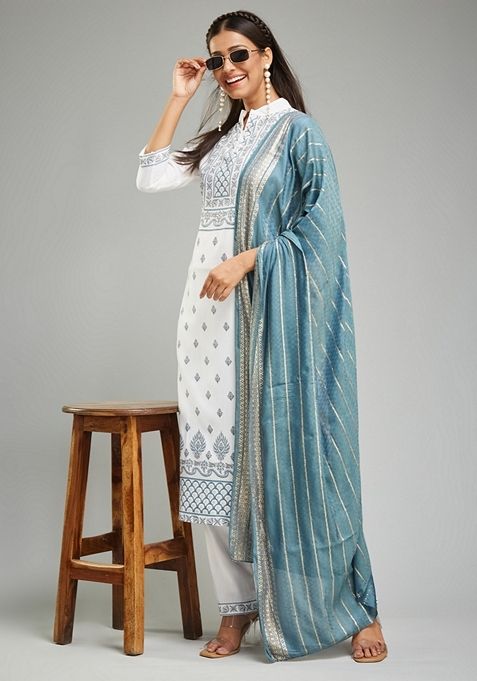 White Khari Print Rayon Kurta Set