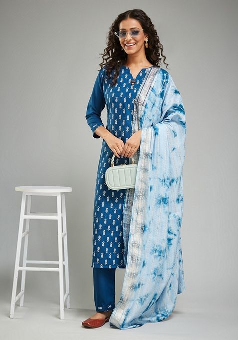 Blue Khari Print Rayon Kurta Set