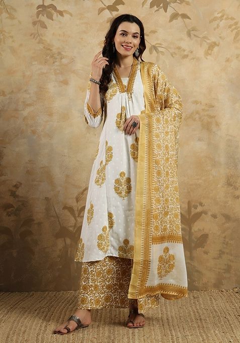 Mustard Printed Cotton Blend Kurta Set