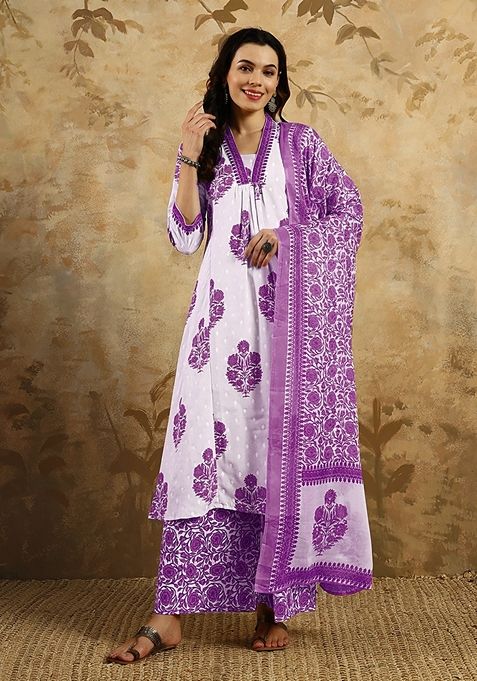 Purple Printed Cotton Blend Kurta Set