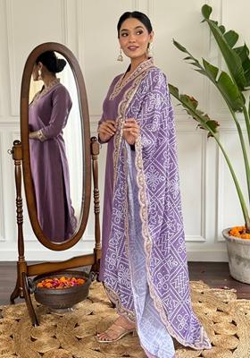 Purple Embroidered Viscose Silk Kurta Set