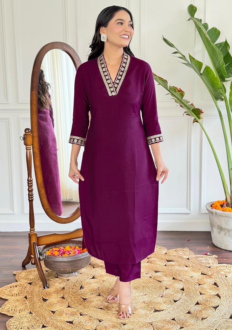 Maroon Embroidered Viscose Silk Kurta Set