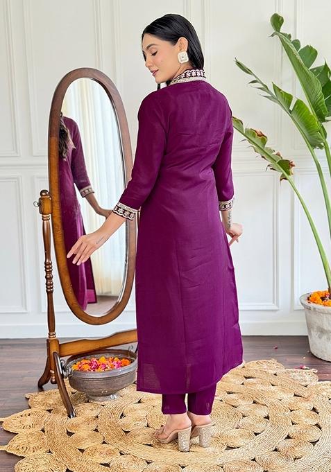 Maroon Embroidered Viscose Silk Kurta Set