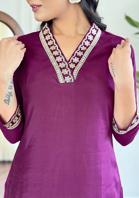 Maroon Embroidered Viscose Silk Kurta Set