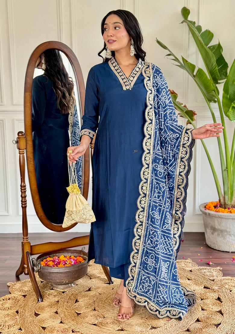 Blue Embroidered Viscose Silk Kurta Set