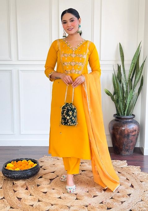 Yellow Embroidered Chanderi Silk Kurta Set