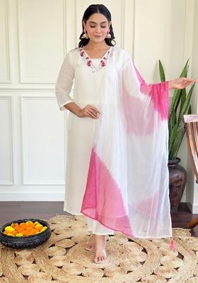 White Embroidered Chanderi Kurta Set With Dupatta