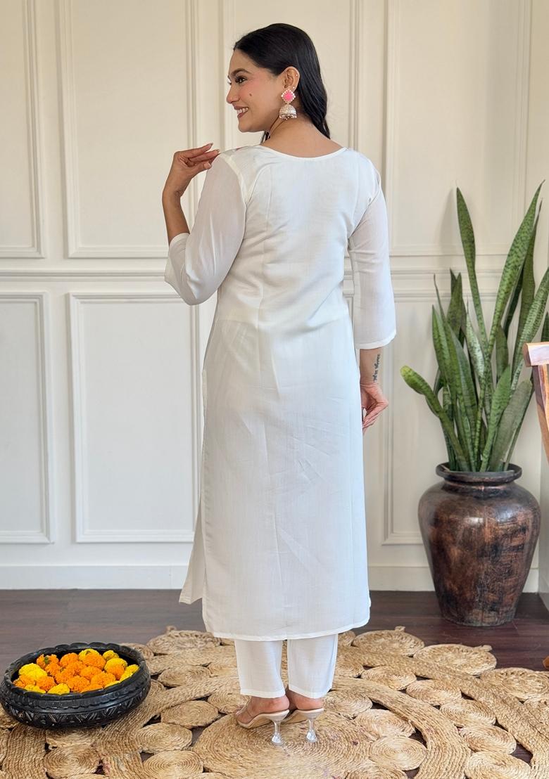 White Embroidered Chanderi Kurta Set