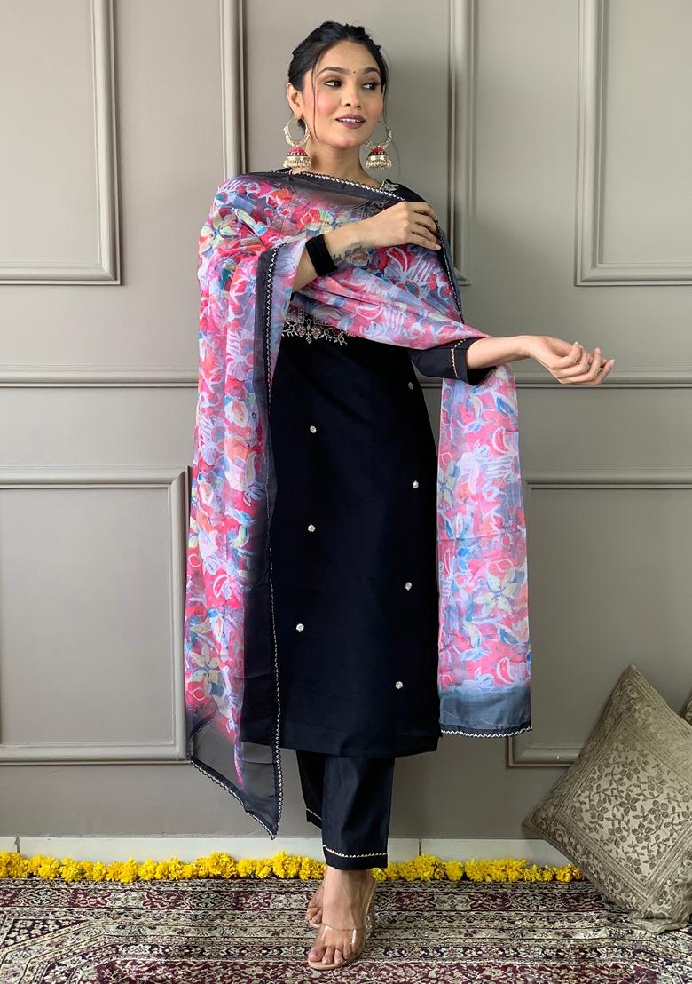 Black Embroidered Rayon Slub Kurta Set