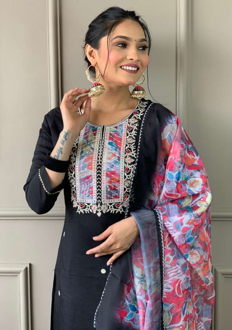 Black Embroidered Rayon Slub Kurta Set With Dupatta - Indya