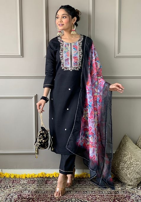 Black Embroidered Rayon Slub Kurta Set