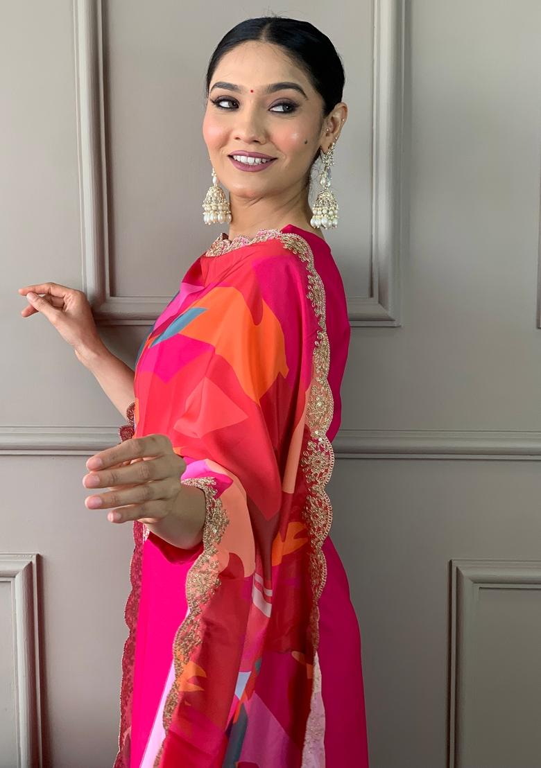 Red Embroidered Viscose Silk Kurta Set