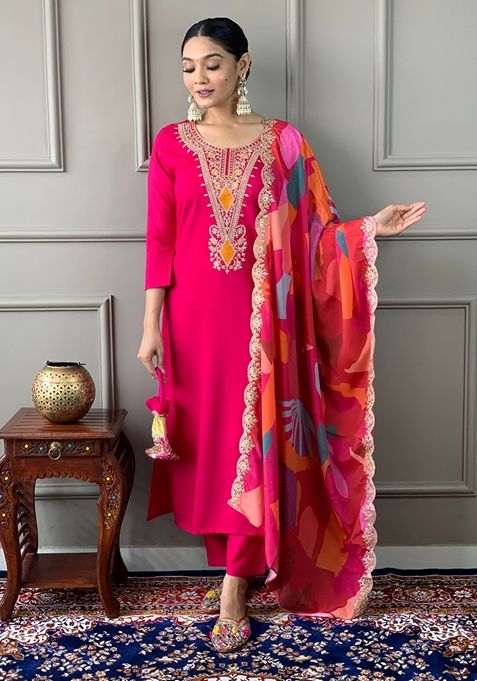 Red Embroidered Viscose Silk Kurta Set