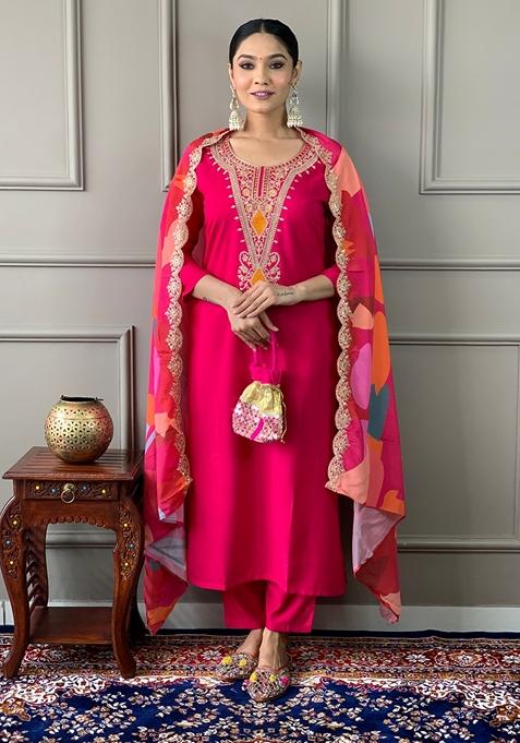 Red Embroidered Viscose Silk Kurta Set