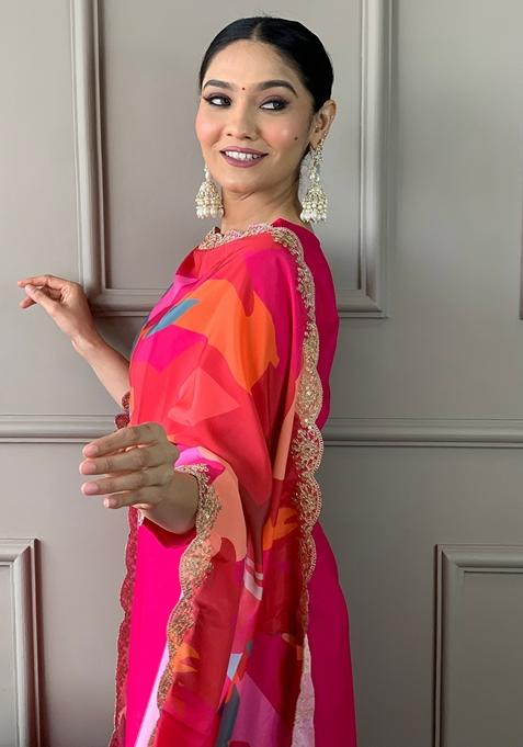 Red Embroidered Viscose Silk Kurta Set