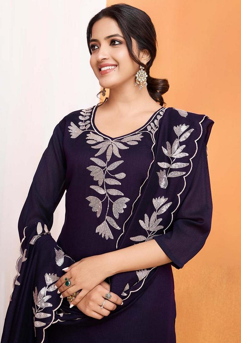 Wine Sequin Embroidered Vichitra Silk Kurta Set