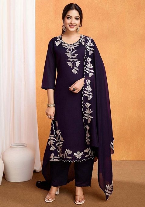 Wine Sequin Embroidered Vichitra Silk Kurta Set