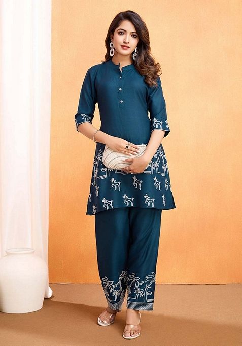 Blue Thread Embroidered Viscose Rayon Kurta Set