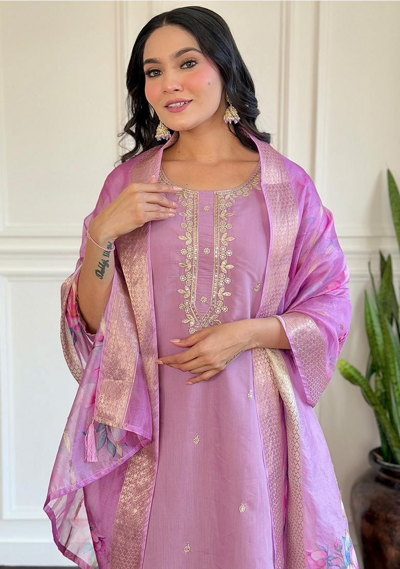 Onion Pink Thread Embroidered Chanderi Kurta Set