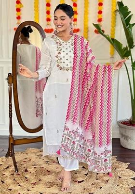 White Thread Embroidered Viscose Kurta Set